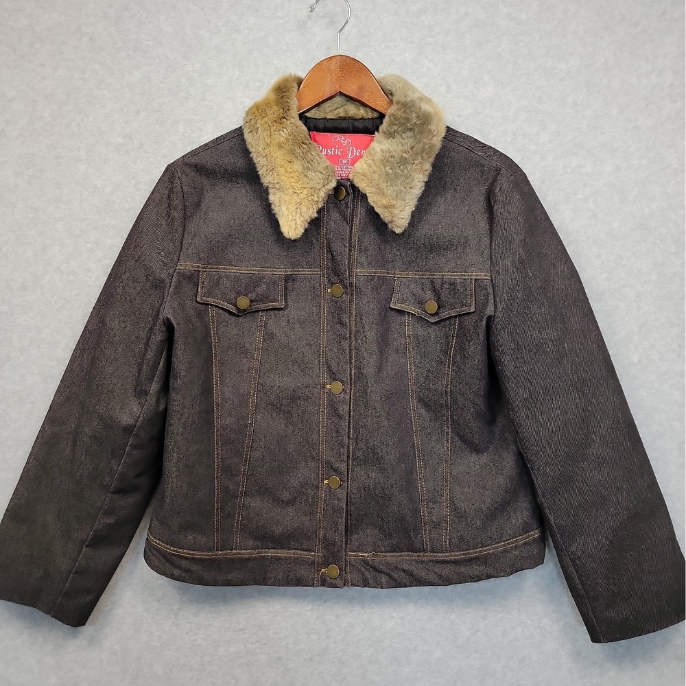 Vintage Y2K Rustic Denim Charcoal Jean Jacket Faux Fur Collar Sz 1X Crop Trucker